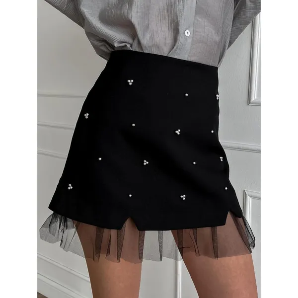 Commense Party Black Beaded Tulle Trim A Line Mini Skirt Built in Shorts NWT M - Image 7