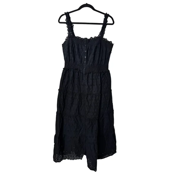 GAP x DOEN Midi Dress Black Cotton Eyelet Tiered Button Front Smocked Waist M - Image 3