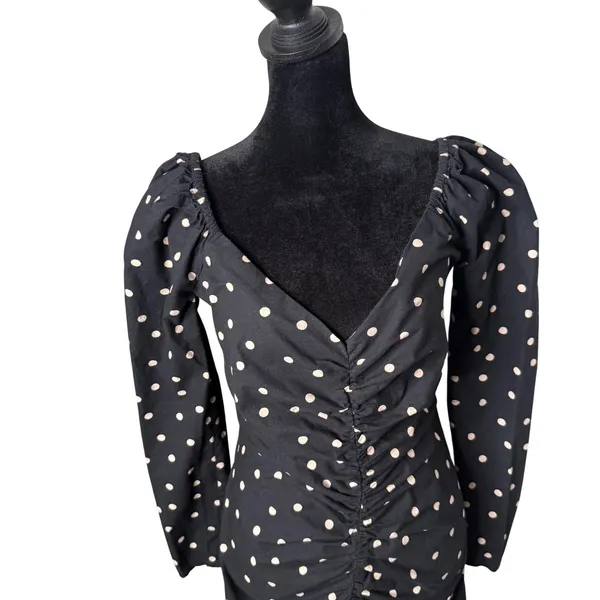 ASOS Polka Dot Ruched Mini Dress Sweetheart Neck Puff Sleeve Womens 4 Black Party - Image 4