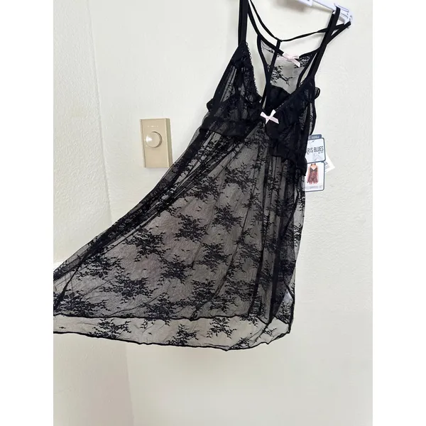 NWT MBlack Lack Babydoll Nightgown Tank Top Chemise w Pink Bow + Matching Thong - Image 4