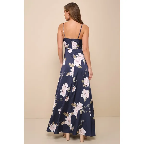 NWT Lulus Radiant Occasion Navy Blue Floral Satin A-Line Maxi Dress Cruise Sz M - Image 3