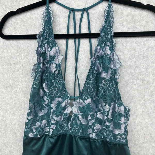 Auden Plunge Babydoll Nightie Satin Lace Strappy Back Nightie Women’s L Teal - Image 2