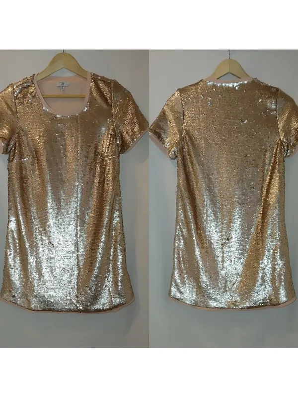 Tobi Shift in Time Sequin Dress Shirt Blush Rose Small Mini Short Sleeves - Image 2