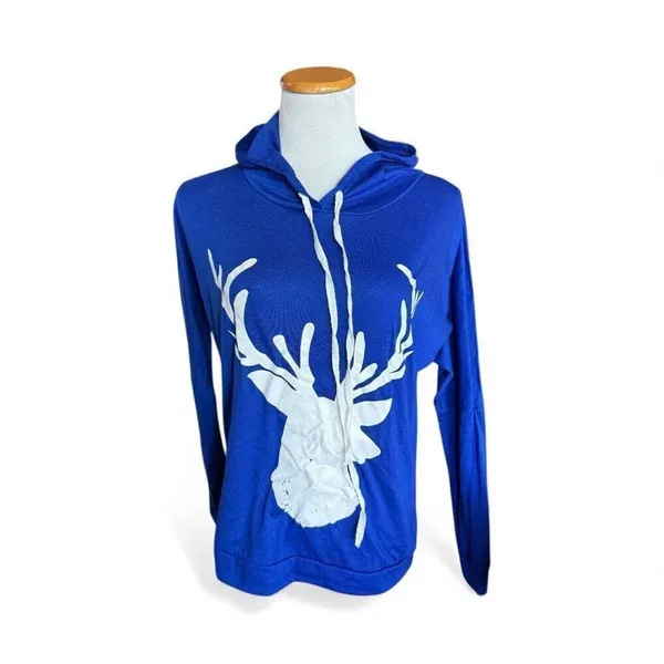 New Womens Boutique Holiday Reindeer Deer Lightweight Hoodie Top Shirt - Sz M - Image 2