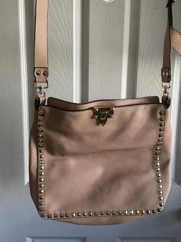 Pebbled Leather Shoulder Bag with Stud Trim in Taupe - Image 3
