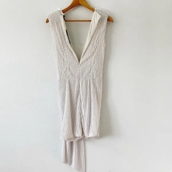 Peace + Love White Sequin Wrap Bridal Bachelorette Cocktail V-Neck Mini Dress - Image 10
