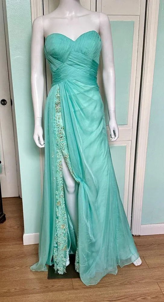 Size 8 19630 Light Mint Pastel Dress Gown Slit Prom Pageant - Image 2