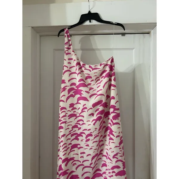 One Shoulder Pink Feather Print Slip Dress Side Slit Beach Summer Casual Medium - Image 10
