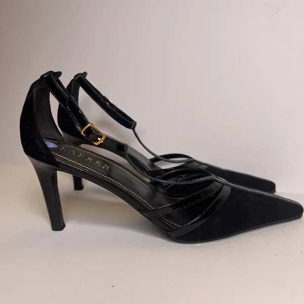 Vintage Y2K Lauren Ralph Lauren Winona Heels 7.5B Black T Strap Pointed Toe - Image 9