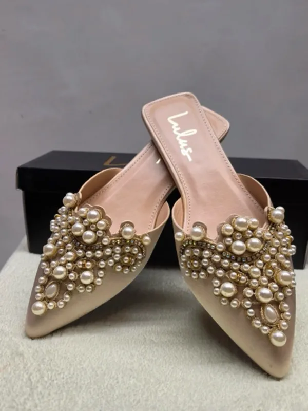 Lulu's Champagne Pearl-Embellished Pointed slip on Mule Bridal regency core - Image 2