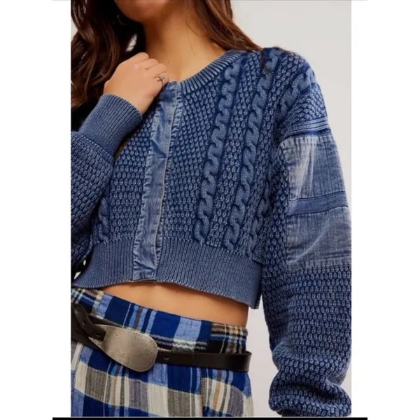Free People Patchwork Chunky Cable Knit Heritage Cardi Cardigan Sweater Medium - Image 7