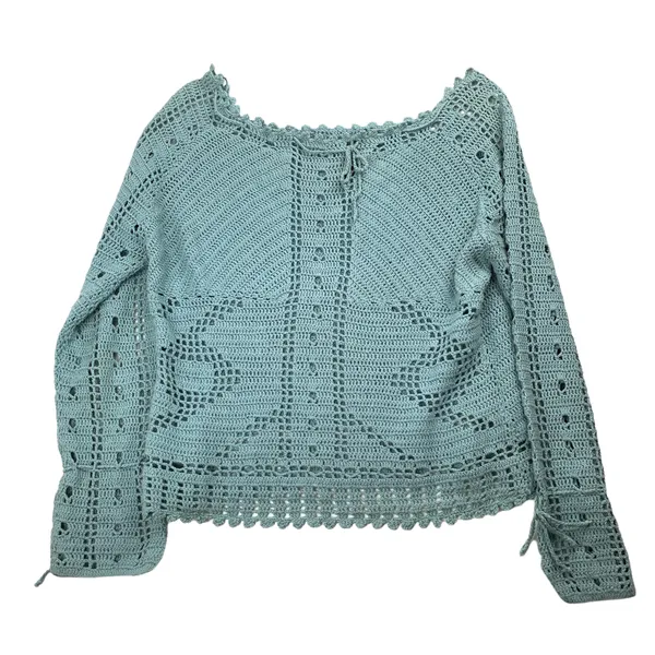 y2k blue boho crochet knit off shoulder sweater top by route 66 - Image 7