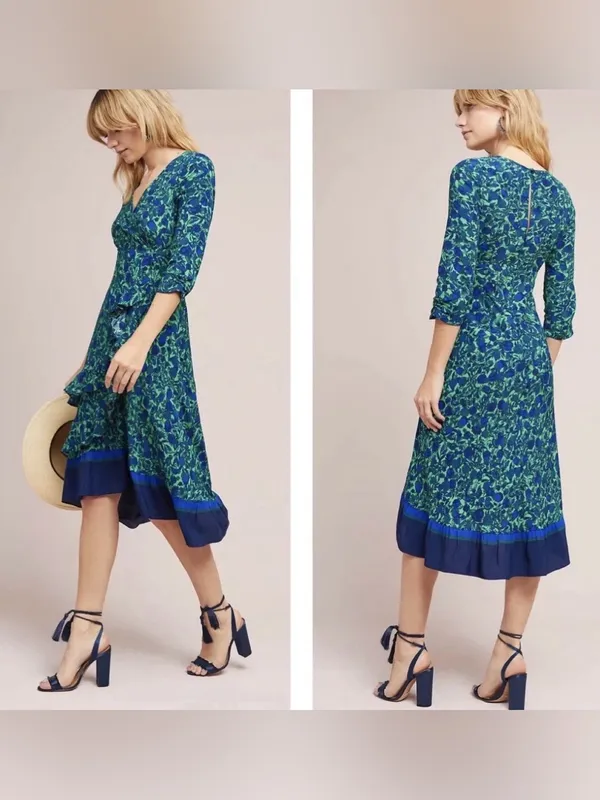Maeve Anthropologie Green Blue Floral Wrap Midi Dress Size 00P - Image 2