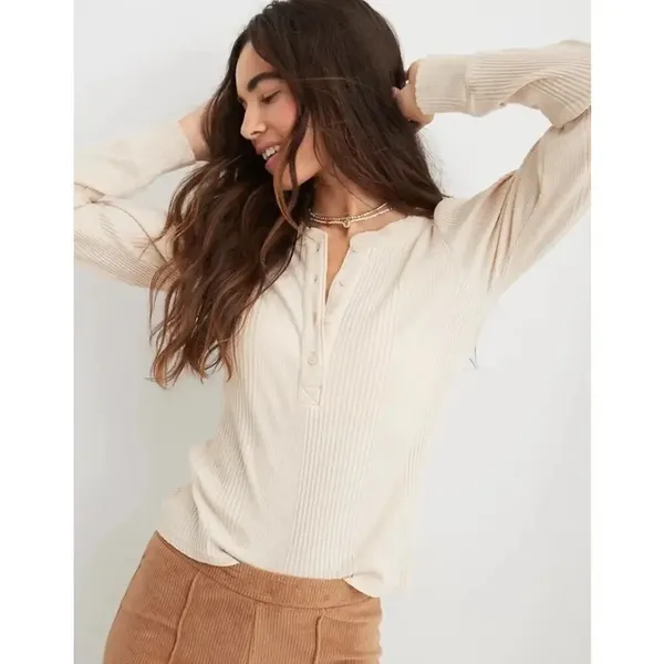 Aerie Road Trip Cream Ribbed Knit Long Sleeve Henley Top Women's Size Small - Image 2
