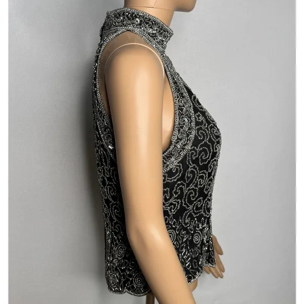 Vintage 1980s Papell Boutique Black Silver Beaded Silk Evening Top Small - Image 10