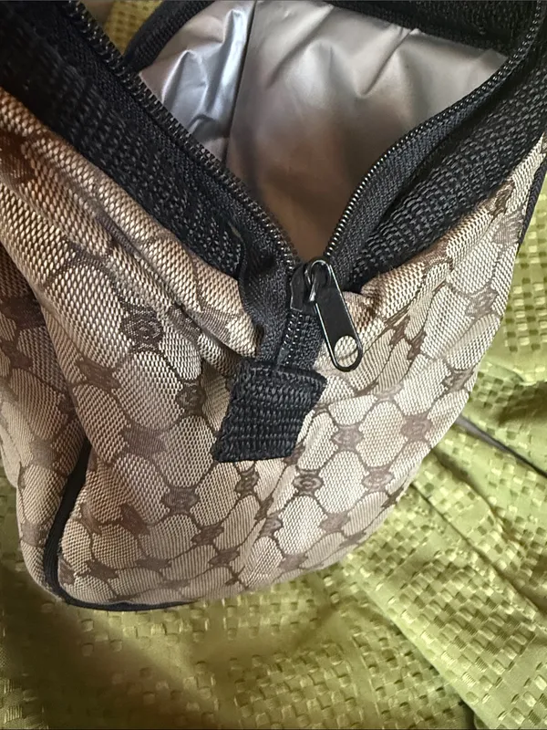 Patterned Beige and Brown Cosmetic lunch Bag with Black Trim Tan - Image 5