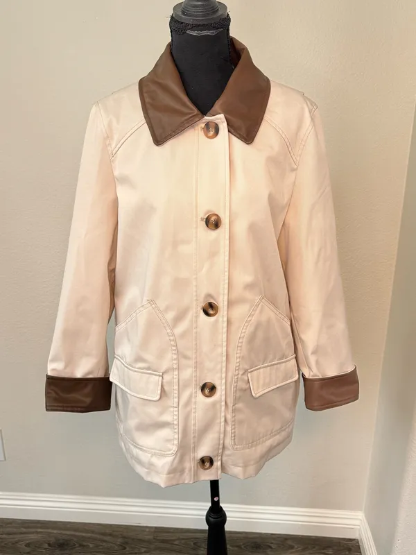 Sanctuary Cream Barn Jacket With Brown Faux Leather Trim M - Image 11