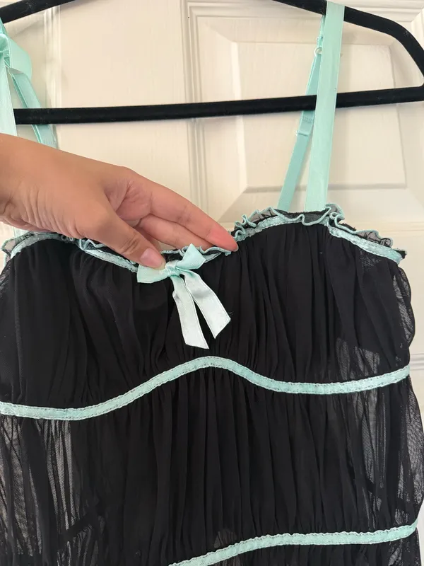 Y2K Bebe Blue and Black Bow Detail Ruffle Trim Corset Bustier Top - Image 3