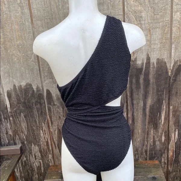 Woman’s New XL Elegant Black One-Shoulder Mokini Side Cut Out Textured Retro - Image 4