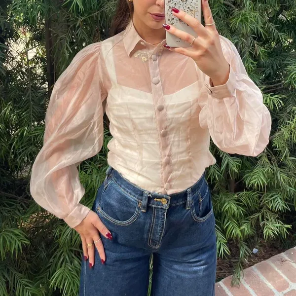 Free People Beautiful sheer cream balloon sleeve blouse sz s - Image 2