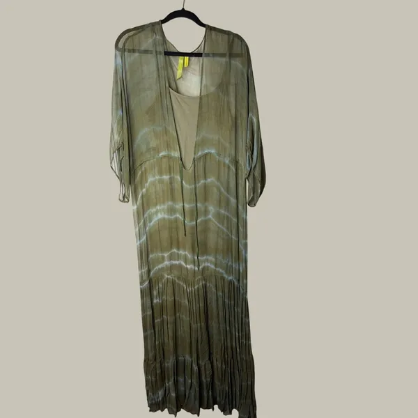 Green Dragon Tie Dye Maxi Dress Olive Green Boho Sheer Overlay Slip Dress L - Image 5