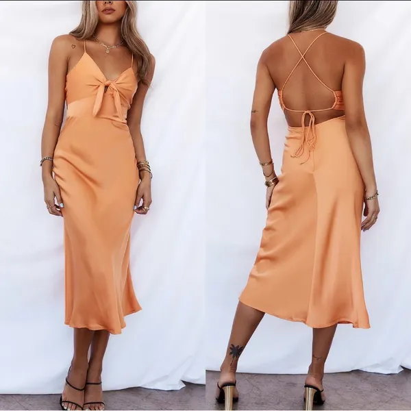 Hello Molly Elegant Orange satin open back Midi Dress, size M - Image 2