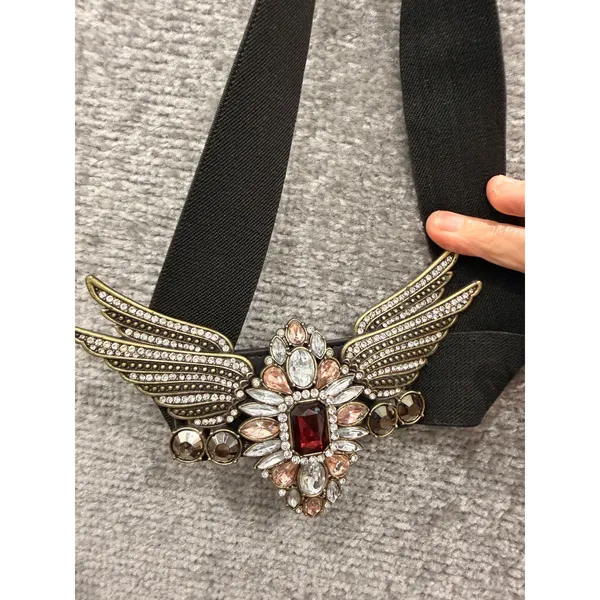 Vintage Women Cinch Belt One Size Black Wing Buckle Rhinestone Red Gem Elastic - Image 2