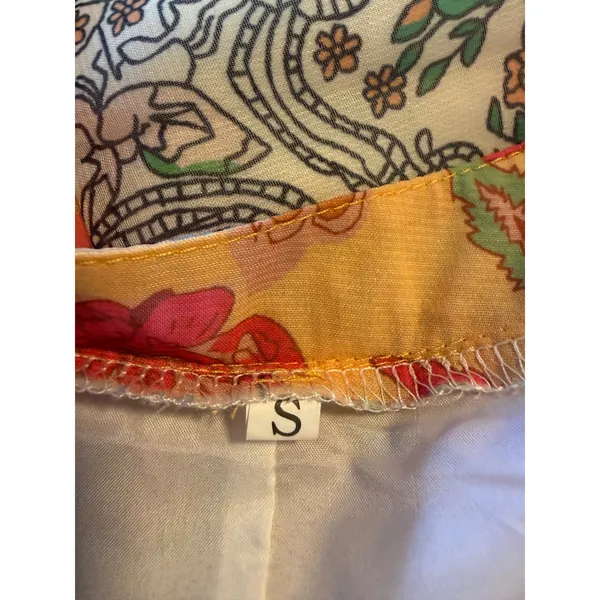 Floral Paisley Patchwork Ruffle Mini Dress Orange Sm boho‎ whimsi dainty cottage - Image 5