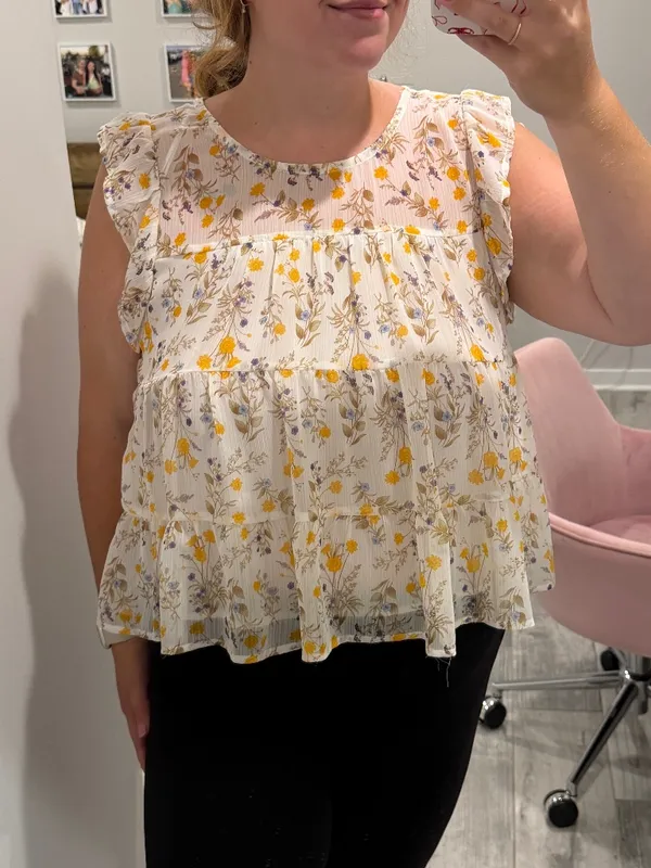White and Yellow Floral Babydoll Top - Image 2