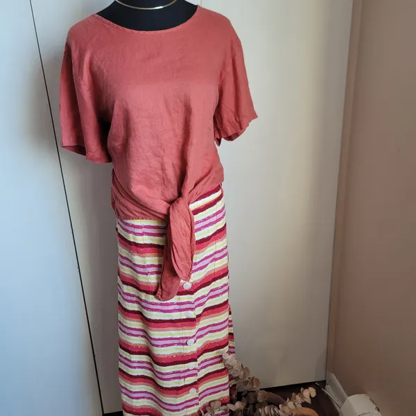 Striped Button-Down Skirt Linen Blend resort ballet core fairy whimsy boho - Image 2
