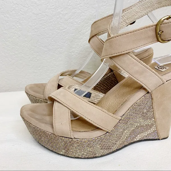 UGG Arian Snake Platform Wedge Ankle Wrap Tan Leather Sandals Womens Size 7.5 - Image 3