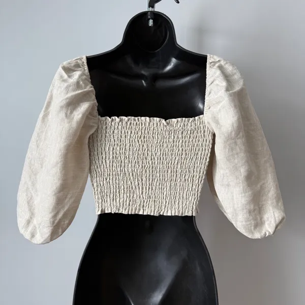 Reformation sz 2 Beige 100% Linen Smocked Puff Sleeve Crop‎ Top Blouse Cottage - Image 4