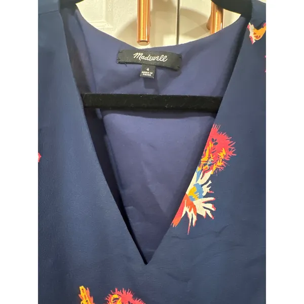 Madewell Women's poppy Print Mini Dress Short Sleeve Navy Blue silk Size 4 - Image 3