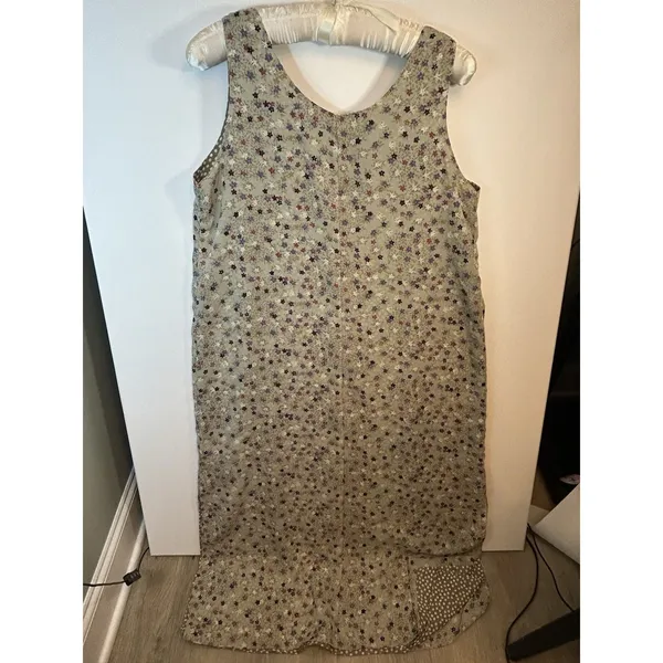 Reversible Maxi Dress L XL Floral Polka Dots Sleeveless Side Slits Tan Gray Mult - Image 13