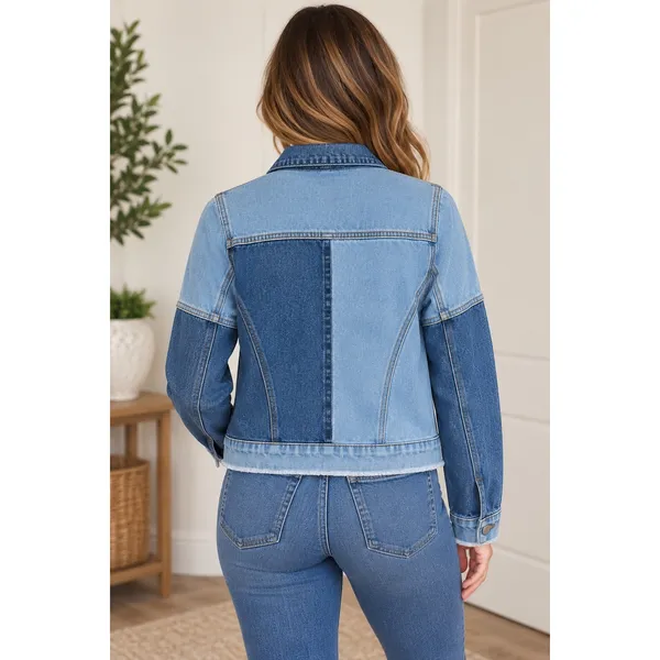 PacSun Womens XS Two-Tone Patchwork Denim Jacket Frayed Hem Blue Cotton Trucker - Image 9