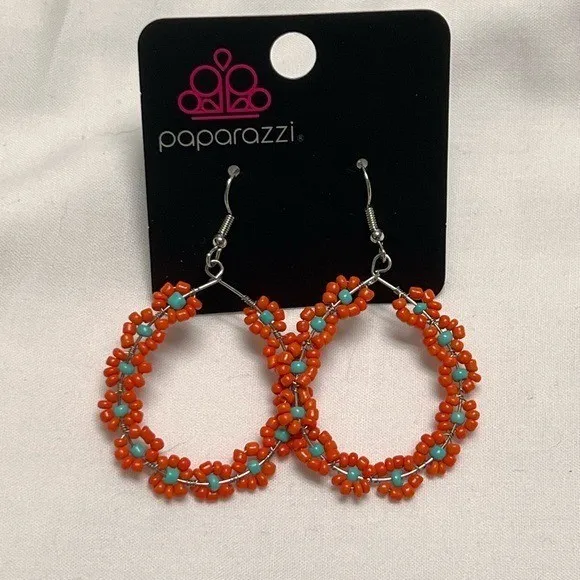 Paparazzi Festively Flower Child Orange Beaded Daisy Hoop Earrings NWT - Image 2