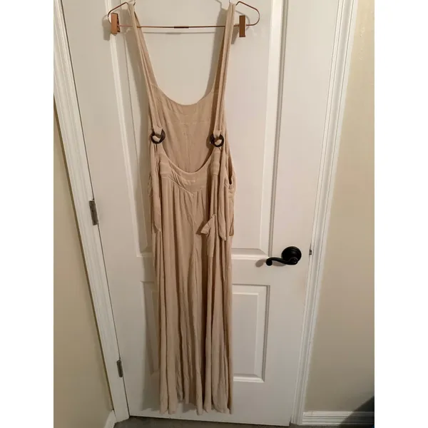 Free People‎ Jumpsuit Womens Medium FP Beach Beige Linen Blend Wide Leg Ribbed - Image 4