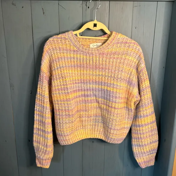 Jessica Simpson Pastel Striped Cropped Oversized Wool Sweater | Medium - Image 3