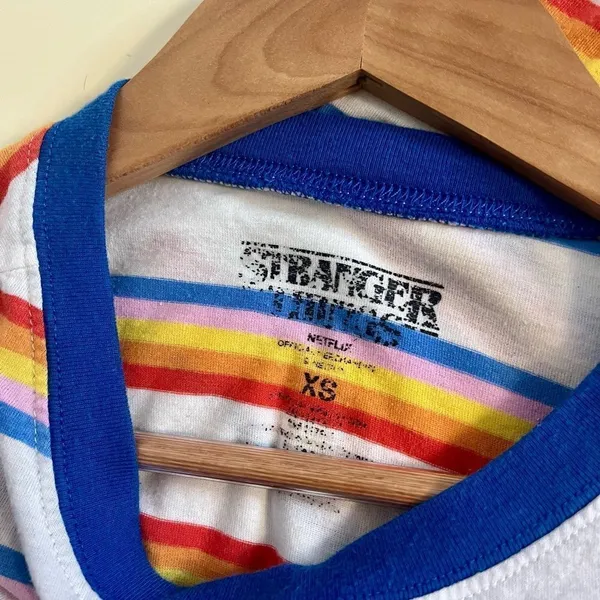 Stranger Things Netflix Rainbow Stripe Hawkins Indiana Ringer T-Shirt XS - Image 3