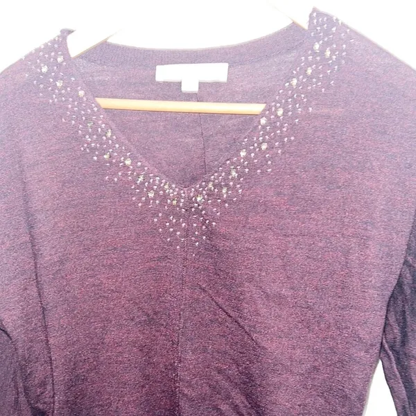 Loft Lightweight Maroon Beaded Long Sleeve Acrylic And Wool Blend V Neck Top - Image 3