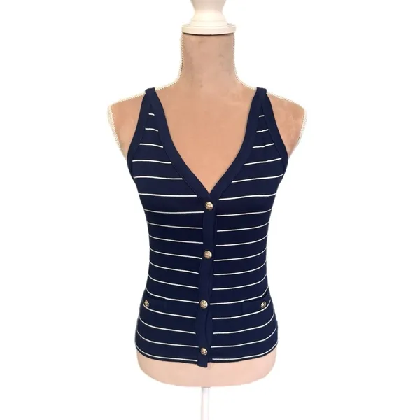 Ann Taylor Striped Vest Preppy Lady Tank Top Button Front V-Neck Knit S M L NEW - Image 4