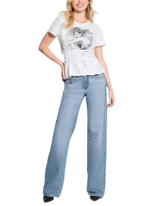 NWT GUESS Eco Short Sleeve Lace-Up Graphic Corset Tee W5RI32K9RM1 Pure White XS - Image 2