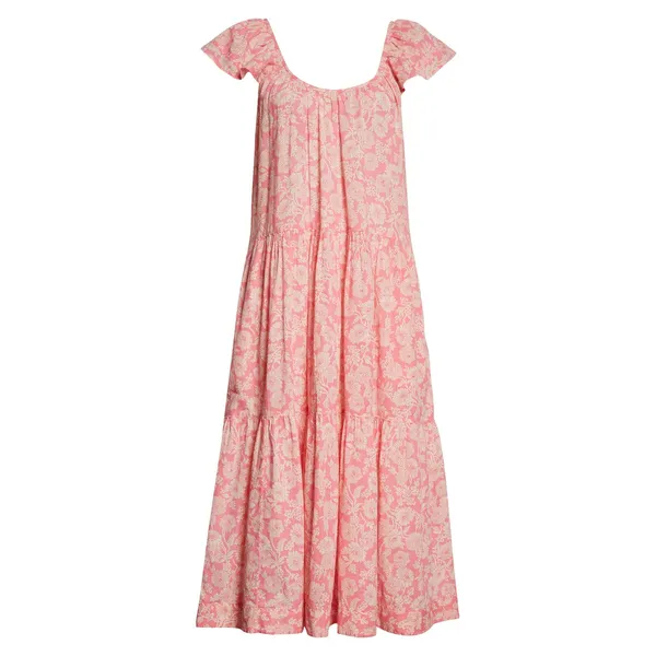 THE GREAT. The Plumeria Cotton Midi Dress Pink Floral Tiered Size 3 Large L - Image 6