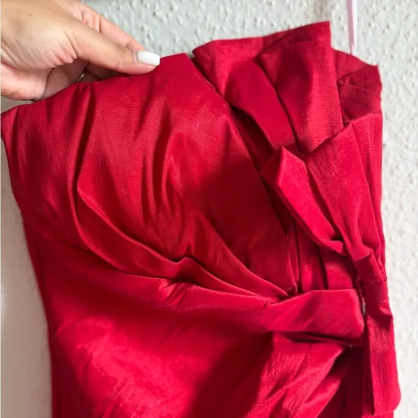 Cindy Strapless Red Satin Cocktail Dress Bow Detail XS - Image 3