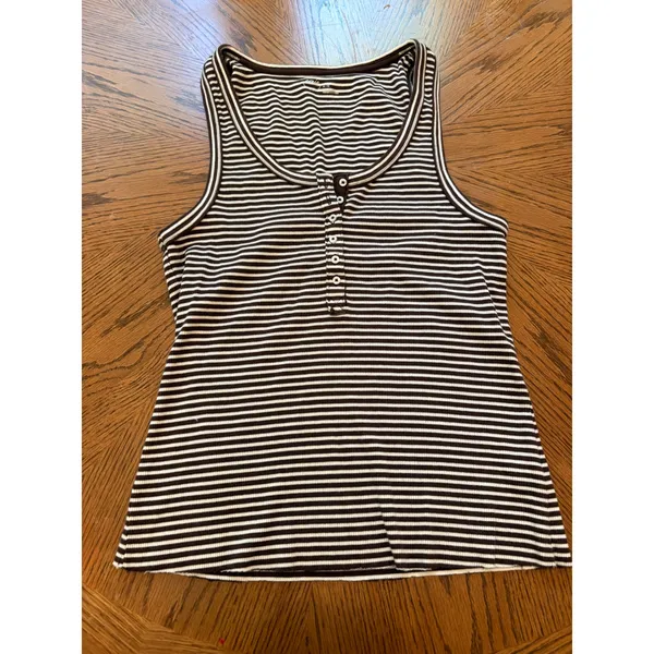 Aerie Henley Tank Top Womens XL Brown White Striped Ribbed Button Sleeveless - Image 2