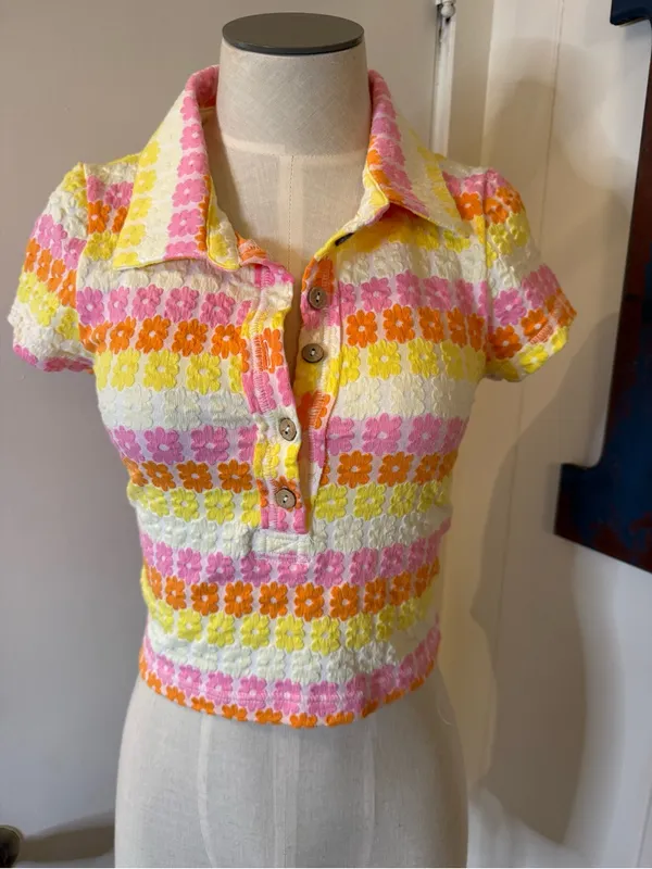 Free People Floral Stripe Babe Town Polo Crop Top Pink, Yellow & Orange Sz XS - Image 2