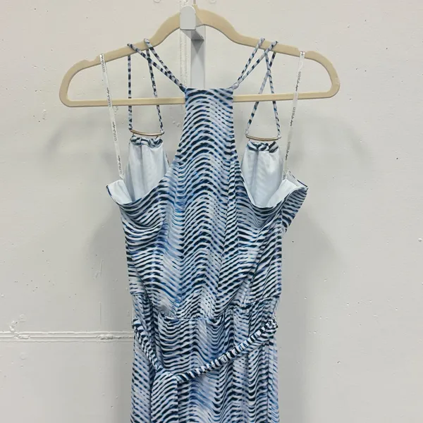 Guess Blue White Wavy Abstract Print Halter‎ Maxi Dress XS Wrap Front Tie Waist - Image 5