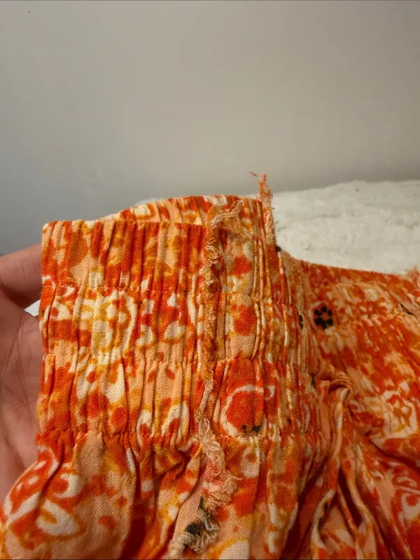 Free People Linen Blend Orange Print Raw Hem Elastic Waist Mini Skirt SZ XS - Image 5