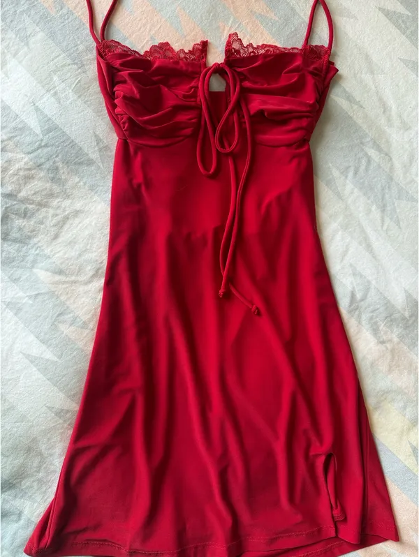 Red Lace Trim Strappy Mini Dress XS - Image 3