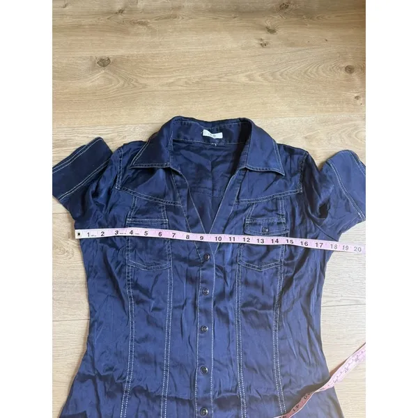 EUC Cache short sleeve pearl snap blue button up pockets western SILK size S VTG - Image 6
